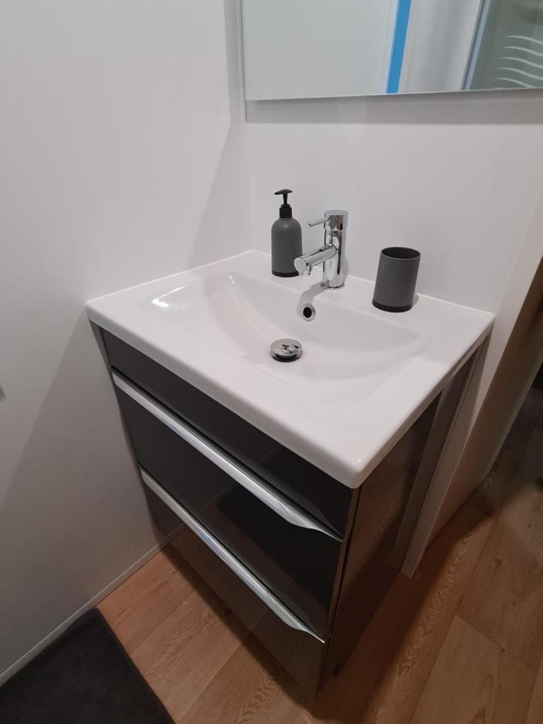 La salle de bains est pourvue d'un lavabo et d'un miroir. dans l'établissement Mobil-home 6 personnes climatisé le Miami, à Saint-Chéron 10 autres photos
