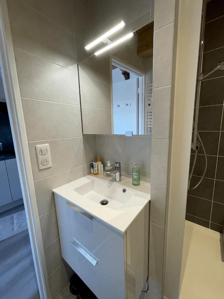 une salle de bain avec un lavabo et un miroir dans l'établissement residence les Ravieres 1, à La Toussuire 12 autres photos