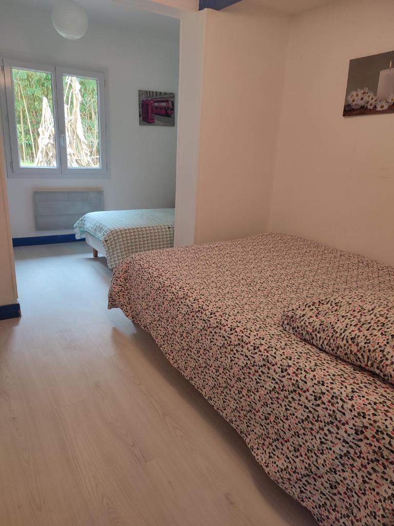 une chambre avec deux lits et deux fenêtres dans l'établissement Le gîte du moulin de Pontalaman, à Lafrançaise