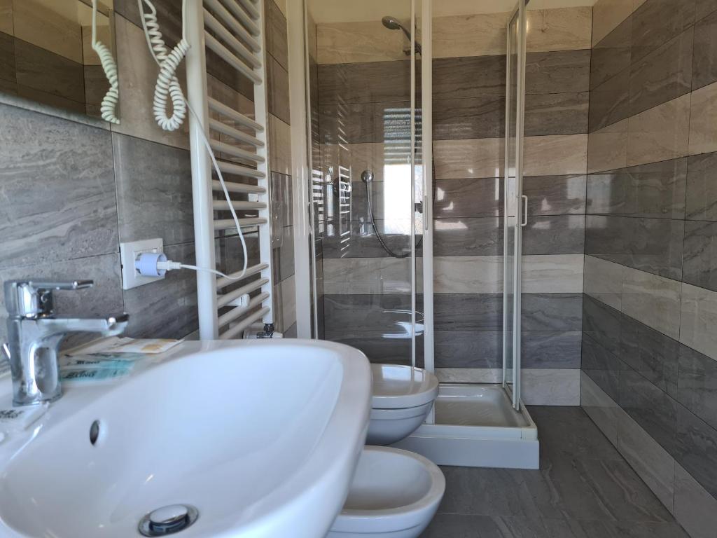 La salle de bains est pourvue de 2 toilettes, d'un lavabo et d'une douche. dans l'établissement NEW PARK HOTEL, à Lido di Camaiore