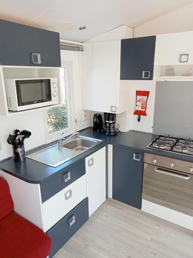 une petite cuisine avec un évier et un micro-ondes dans l'établissement Spacieux Mobil-Home Fréjus, à Fréjus