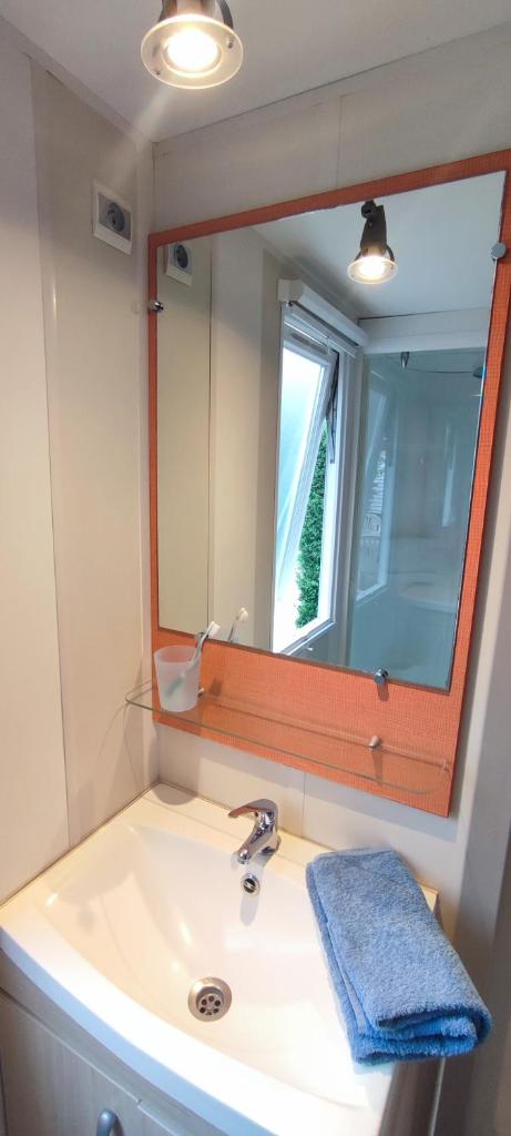 une salle de bain avec un lavabo et un miroir dans l'établissement Mobil home 6 places, à La Roque-dʼAnthéron 4 autres photos