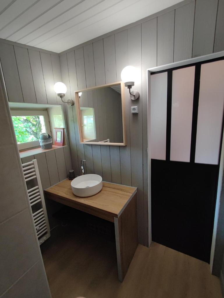 une salle de bain avec un lavabo et un miroir dans l'établissement Gîte Chêne Vert, à Lolme