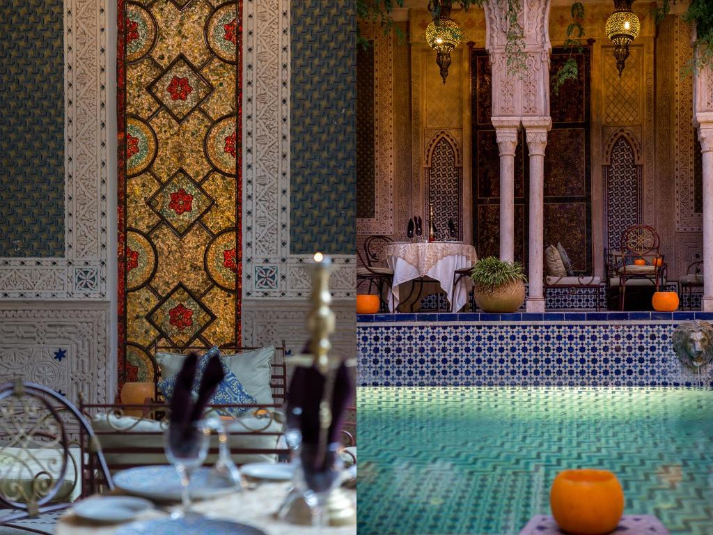 Cette chambre dispose d'une piscine avec une table et des chaises. dans l'établissement Riad Palais Sebban, à Marrakech