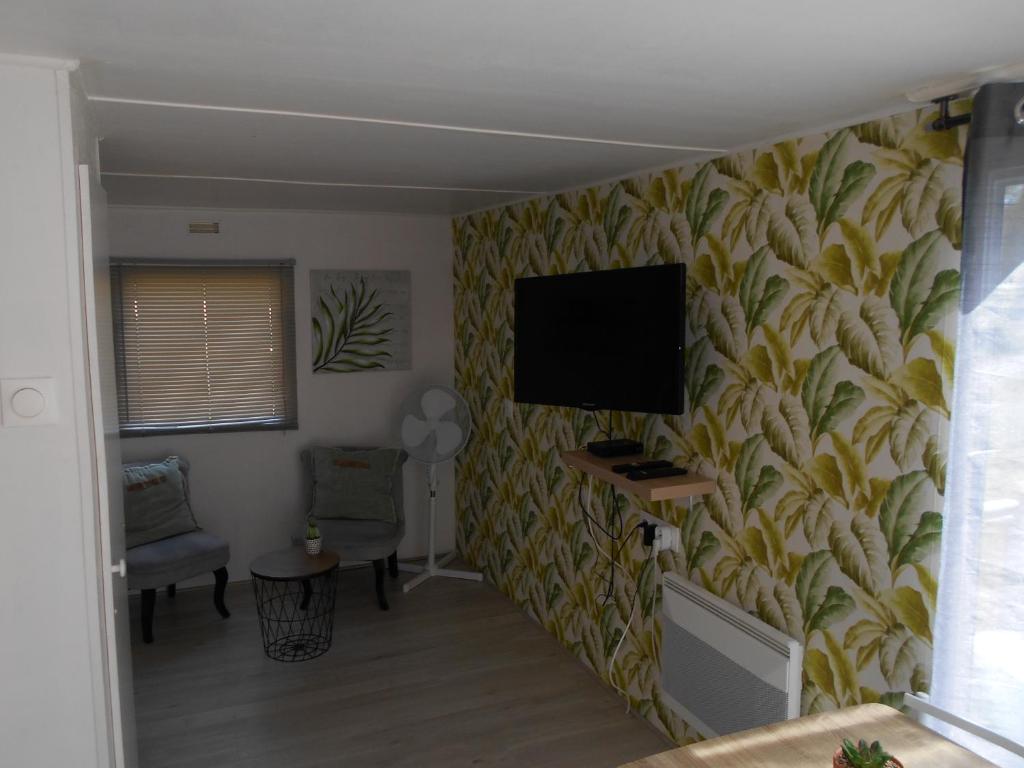 un salon avec une télévision à écran plat sur un mur dans l'établissement Camping Les Roussilles, à Saint-Sylvestre