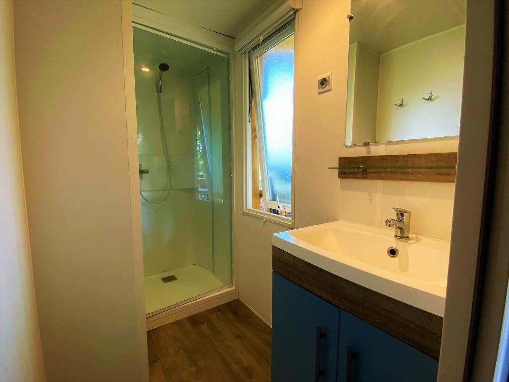 une salle de bain avec un lavabo et une douche dans l'établissement Camping Le Céou, à Saint-Cybranet