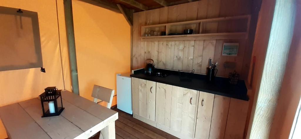 une cuisine avec un évier et un plan de travail dans l'établissement Tente Cabane du Camping Hautoreille, à Bannes