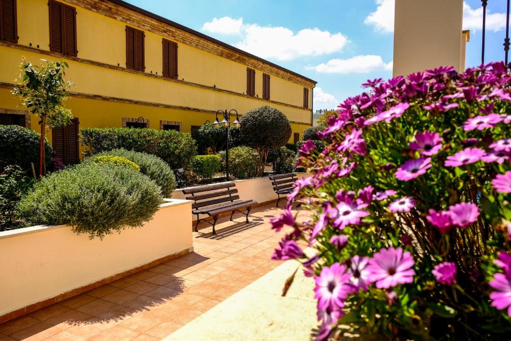 une cour avec des fleurs violettes et un banc dans l'établissement L'Antico Uliveto, à Porto Potenza Picena