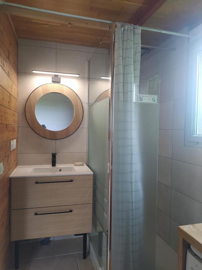 une salle de bain avec un lavabo et un miroir dans l'établissement Gîte La Pironnière - Piscine, Nature, au bord de la Rivière, à Montreuil-sur-Maine 9 autres photos
