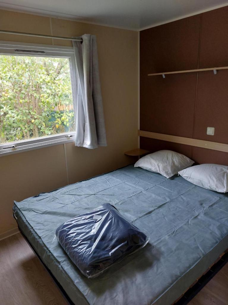 une chambre avec un grand lit avec une fenêtre dans l'établissement mobil home tout confort 6 personnes climatisé au pied du Luberon, à La Roque-dʼAnthéron 37 autres photos