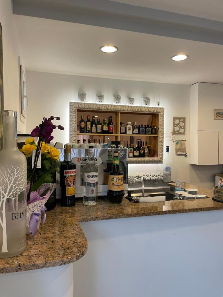 une cuisine avec un comptoir avec des bouteilles d'alcool dessus dans l'établissement Hotel Vera, à Cesenatico