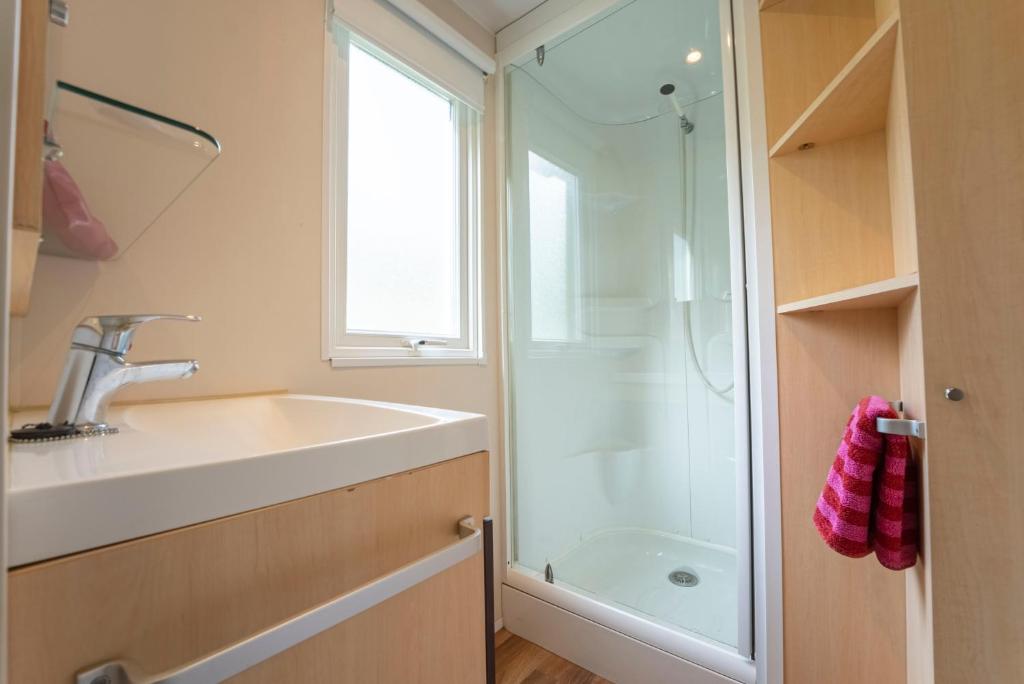 une salle de bain avec un lavabo et une douche dans l'établissement Camping New Rabioux, à Châteauroux-les-Alpes