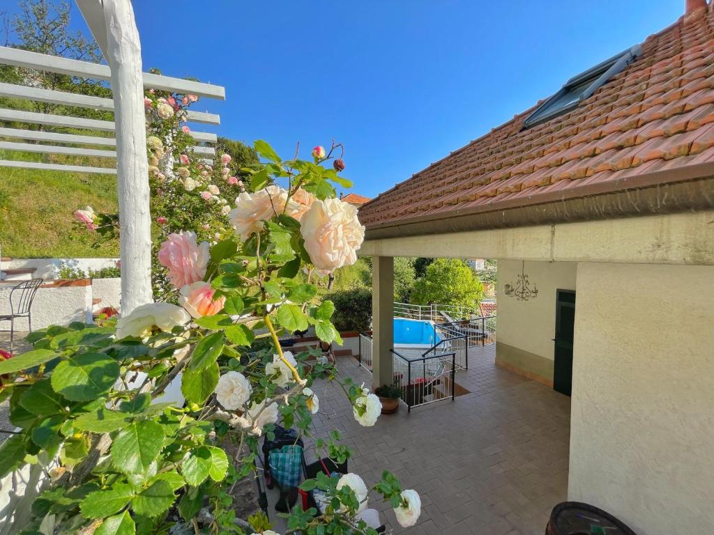 Elle offre une vue sur une maison dotée d'une terrasse fleurie. dans l'établissement Appartamento Moneglia, à Moneglia