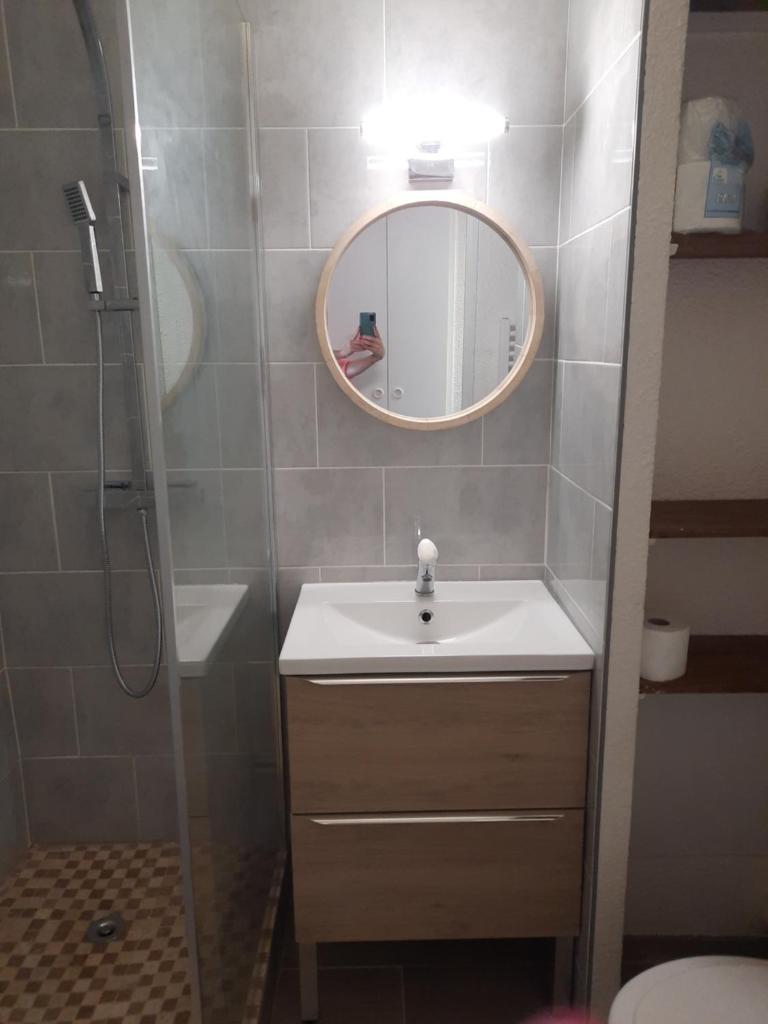 une salle de bain avec un lavabo et un miroir dans l'établissement appart entierement renové les coches - la Plagne, à Bellentre