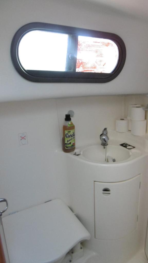 une salle de bain avec un lavabo, des toilettes et un miroir dans l'établissement Bateau 6 personnes sans permis terrasse à quai ou option navigation, à Béziers