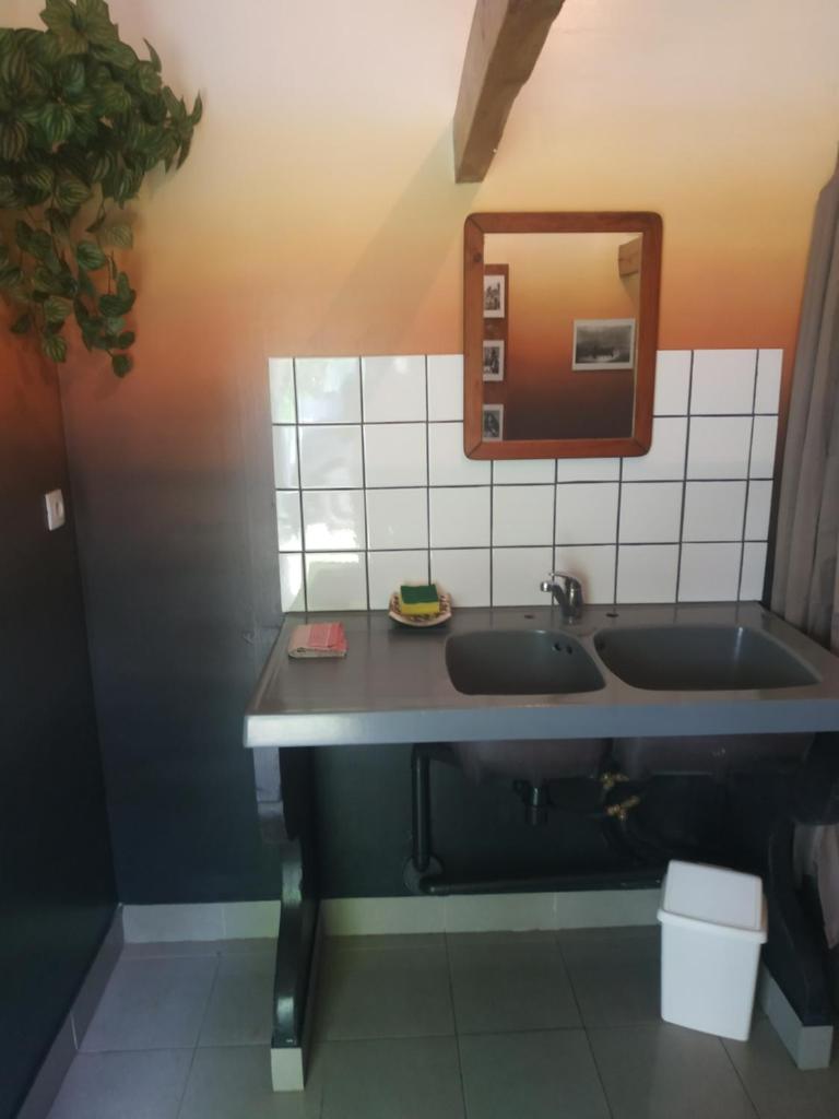 une salle de bain avec deux lavabos et un miroir dans l'établissement Thipi Khola, à Val Couesnon