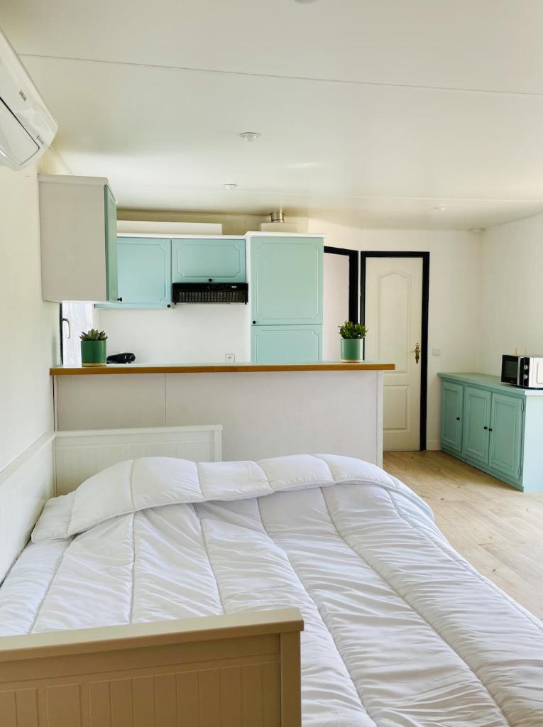 Cette chambre comprend un grand lit et des armoires bleues. dans l'établissement Charmant Chalet avec terrasse et accès piscine., à Rocbaron