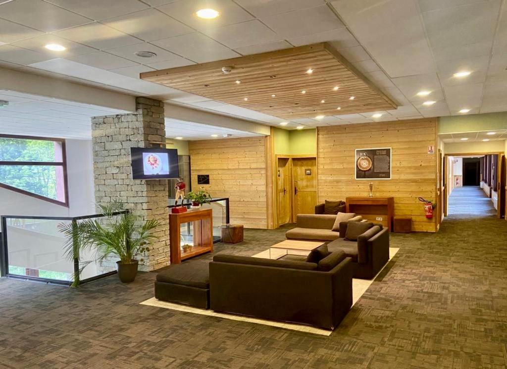 un hall avec des canapés et une télévision dans un bâtiment dans l'établissement Le REFUGE DES PORTES DU MONT BLANC, à Vallorcine