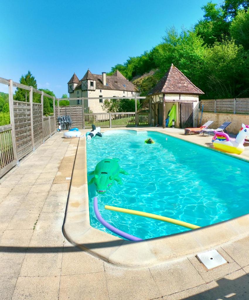 - une piscine avec un éléphant jouet dans l'eau dans l'établissement Le gîte du Moulin de la Garrigue, à Champagnac