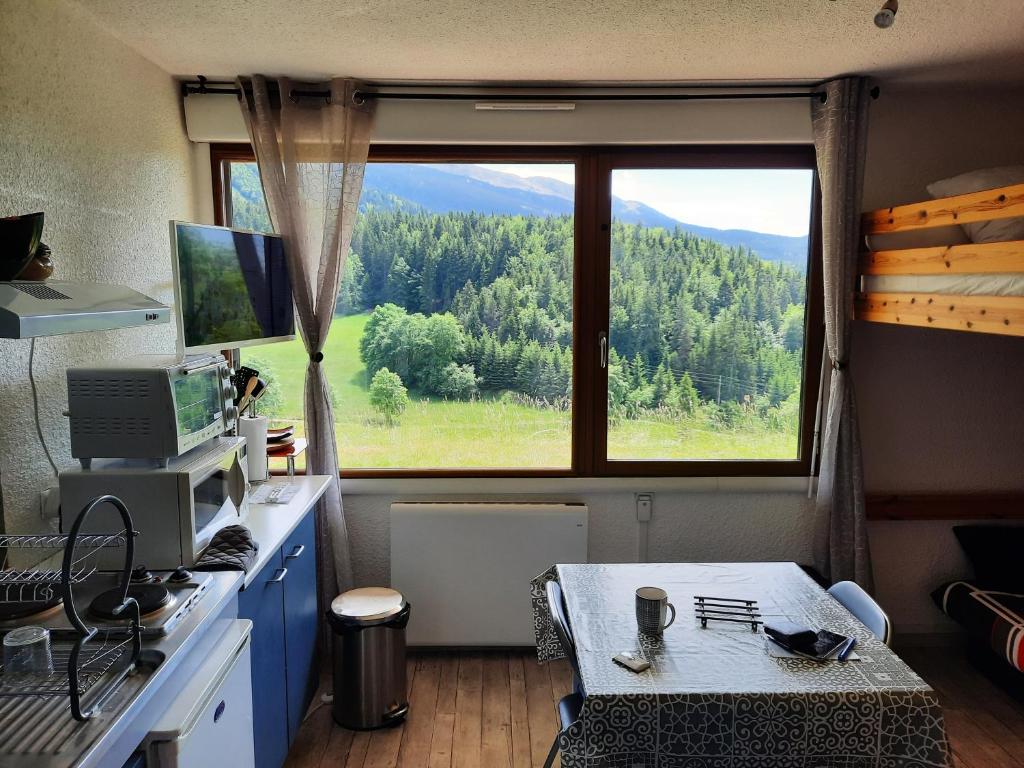 une pièce avec un bureau avec un ordinateur et une fenêtre dans l'établissement les glovettes Villard de lans, à Villard-de-Lans 11 autres photos