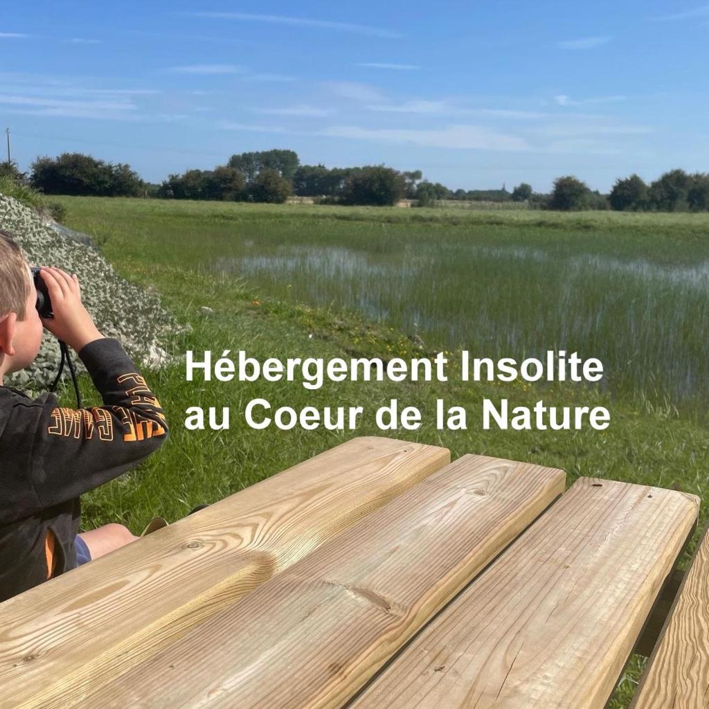 un garçon qui prend une photo d'un banc en bois dans un champ dans l'établissement Nature en Somme, à Quend