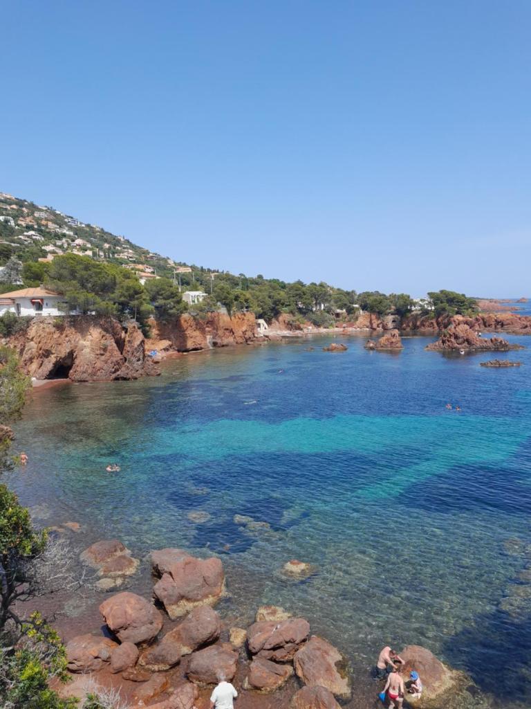 Une masse d'eau avec des gens qui y nagent dans l'établissement Grand mobilhome spacieux 8 places frejus/straphael, à Fréjus