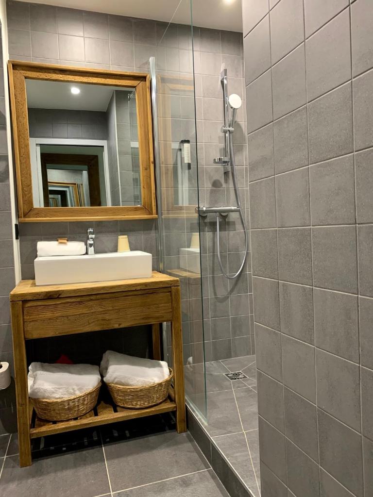 une salle de bain avec une douche, un lavabo et un miroir dans l'établissement Hotel Lac Bleu 1650, à Saint-François-Longchamp