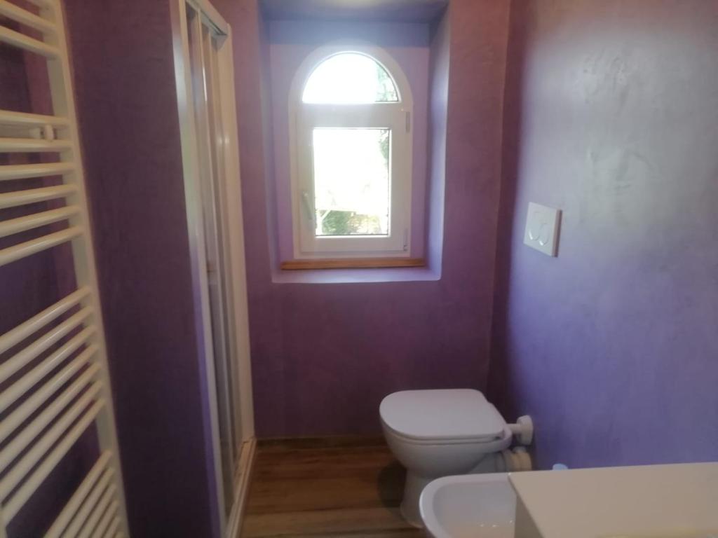 une salle de bains pourpre avec des toilettes et une fenêtre. dans l'établissement Casa Quercioli, à Pulicciano