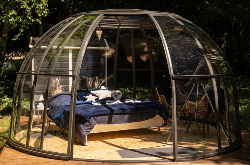 d'un kiosque avec un chat qui dort à l'intérieur. dans l'établissement Dôme Atmo'sphère, la tête dans les étoiles avec accès piscine, à Saint-Évarzec