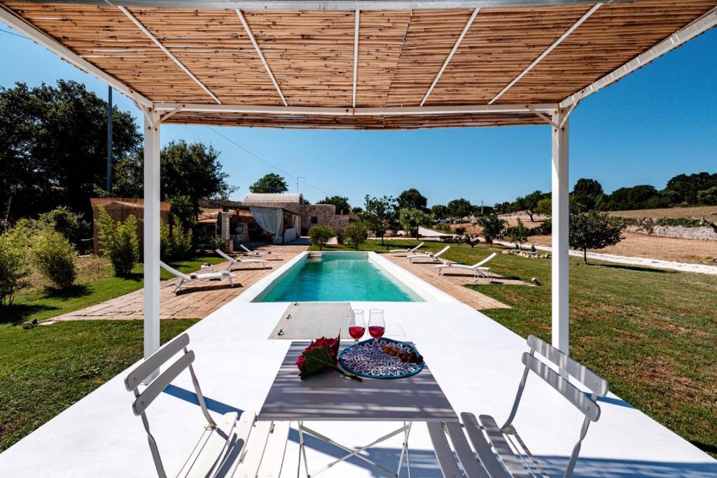 un patio avec une table et des chaises à côté d'une piscine dans l'établissement HelloAPULIA Typical Cottage Lamia delle Murge - Private Pool & Scenic Hilltop Retreat - Pet friendly, à Ostuni