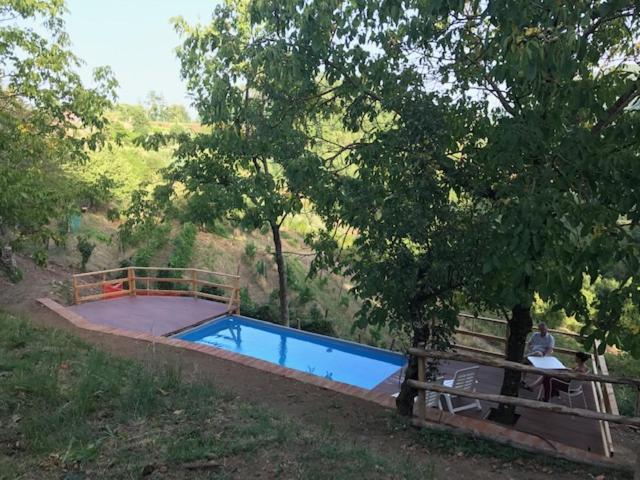 une personne assise sur un banc à côté d'une piscine dans l'établissement Vicinato Homestead, à Molazzana