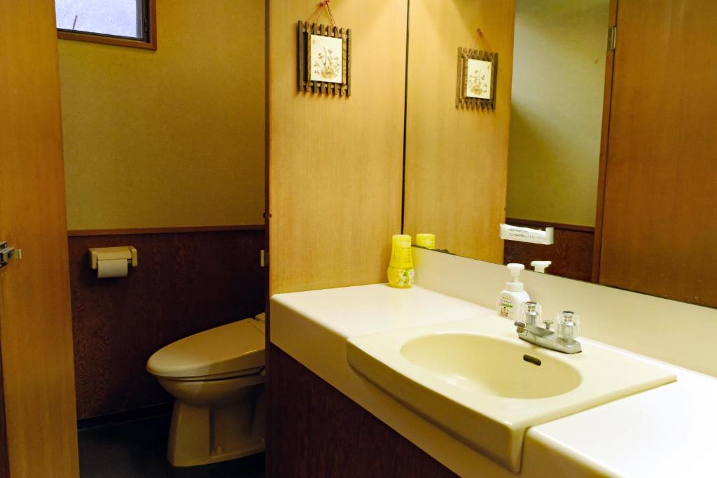une salle de bain avec un lavabo, des toilettes et un miroir dans l'établissement Hakone Onsen Sanso Nakamura, à Hakone