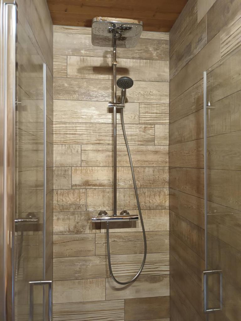 une douche dans une salle de bain avec un mur en bois dans l'établissement Appartement montagne LE FLOCON, à Saint-Michel-de-Chaillol