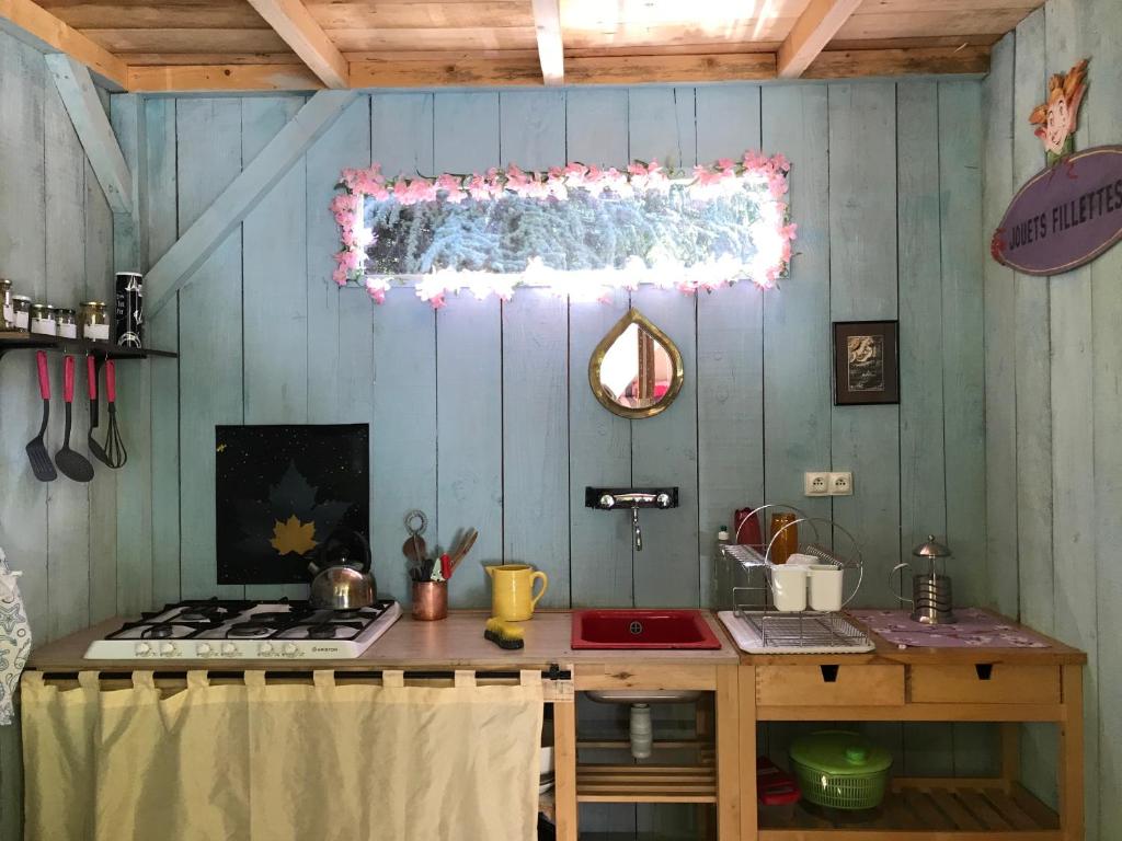 une cuisine avec une cuisinière et un comptoir dans l'établissement LE PETIT REFUGE DU VAL D’EMERAUDE, à Soudorgues