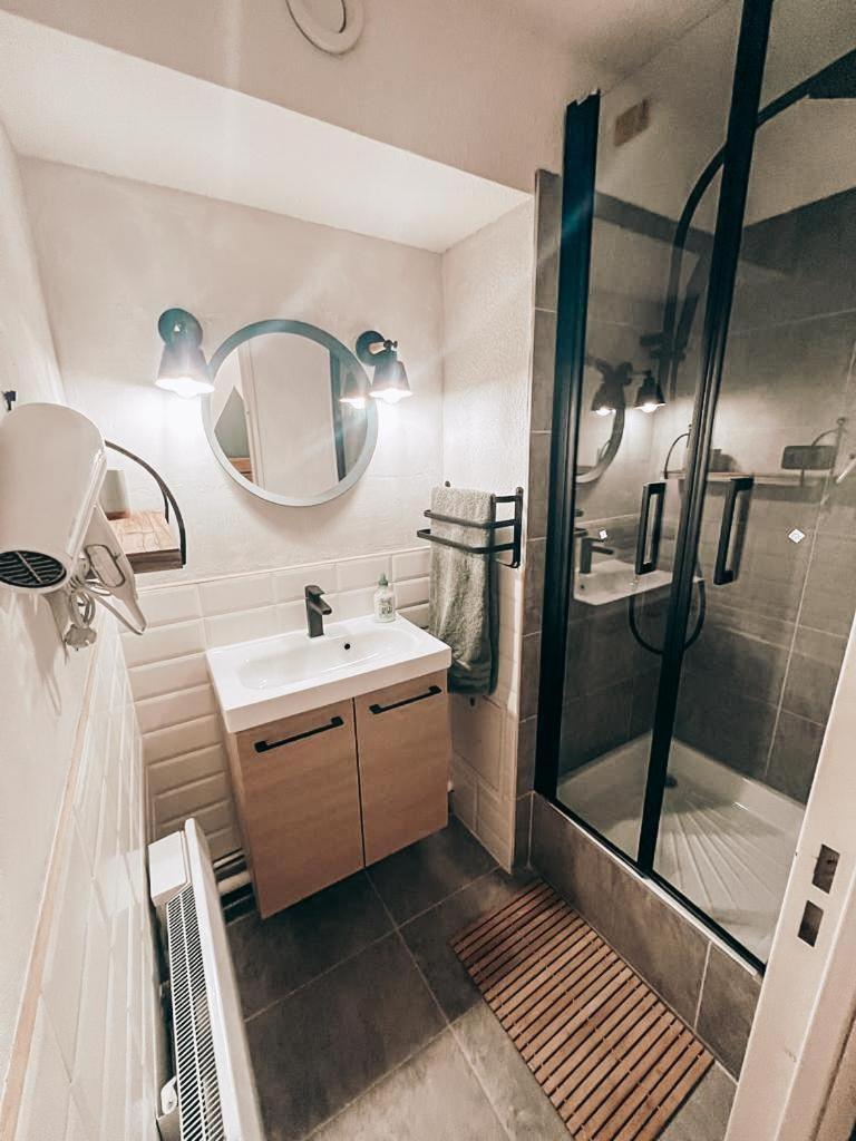 une salle de bain avec une douche, un lavabo et un miroir dans l'établissement LA FOUX D'ALLOS Centre station, vue panoramique Quartier les étoiles 50m des remontées, à Allos