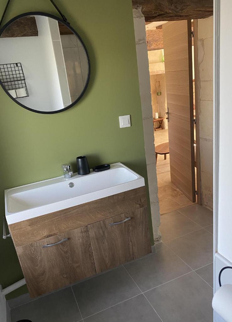 une salle de bain avec un lavabo et un miroir dans l'établissement Gîte de charme "Tellement Bien" proche zoo de Beauval et châteaux de la Loire, à Génillé