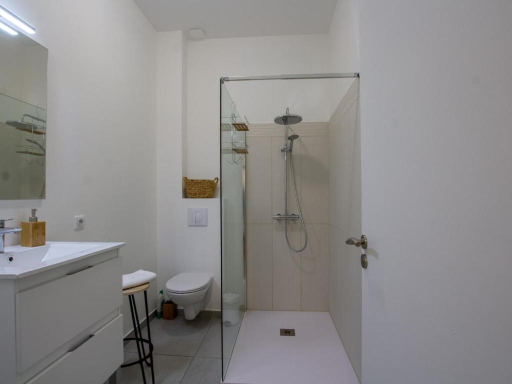 une salle de bain blanche avec douche et toilettes dans l'établissement Grande maison rénovée avec piscine privée et parc, idéale pour vacances en famille en Dordogne - FR-1-616-216, à Savignac-les-Églises