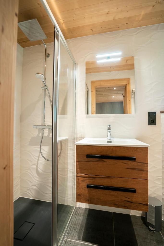 une salle de bain avec un lavabo et une douche dans l'établissement CHALET LES CERFS, à Châtel