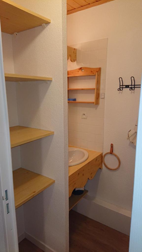 une petite salle de bain avec un lavabo et un miroir dans l'établissement Risoul Appartement 2 chambres Piscine Balcons de Sirius, à Risoul