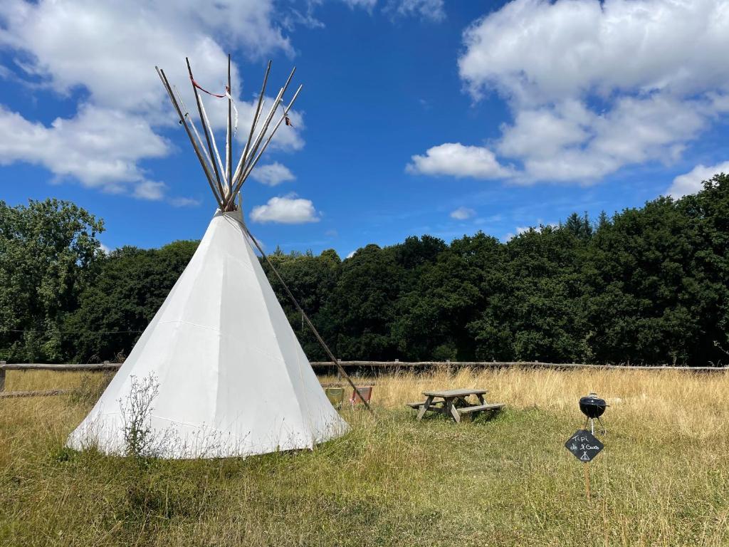 un tipi blanc et une table de pique-nique dans un champ dans l'établissement Terra-Tipike, Tipi à la ferme entre Terre et Mer, à Trébry 16 autres photos