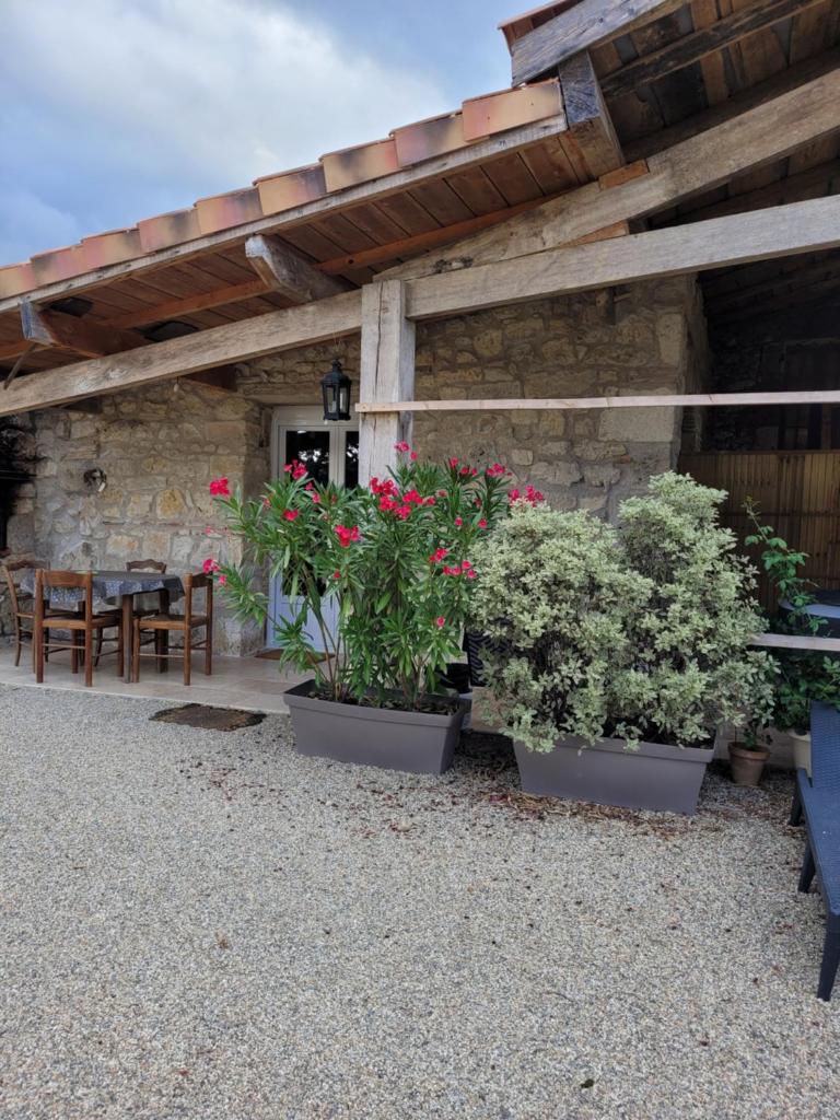 d'une terrasse avec des pots de plantes et une table. dans l'établissement Gîte de charme Le Fournil, à Layrac