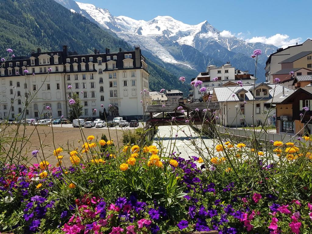 Un bouquet de fleurs devant une ville avec des montagnes dans l'établissement Vue magique en hypercentre avec parking privatif, à Chamonix-Mont-Blanc