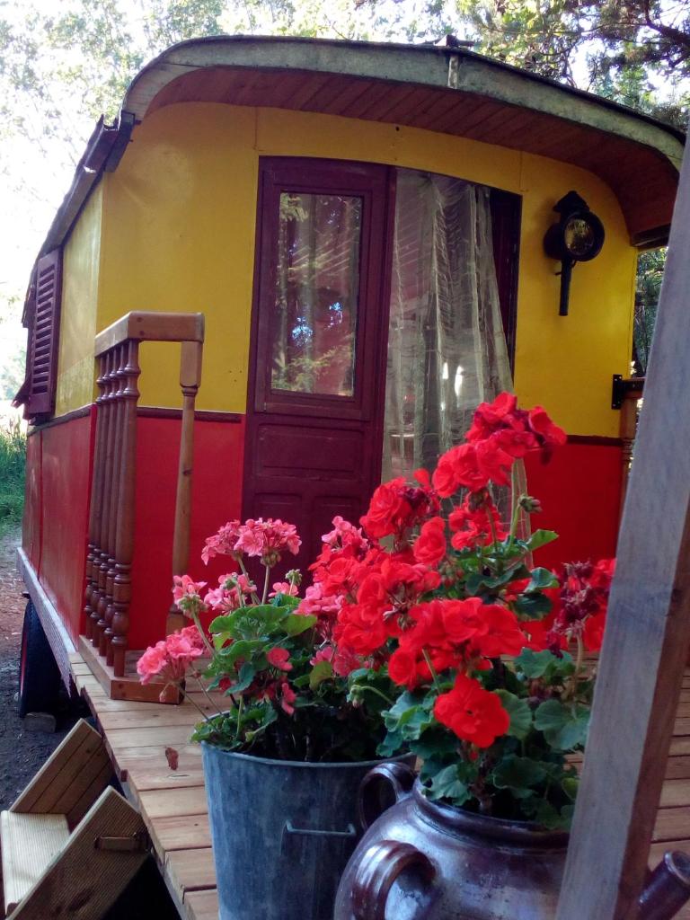une petite maison avec des fleurs rouges dans un pot dans l'établissement Roulotte Tzigane au bord du ruisseau - Drôme Provençale (2p), à Marsanne
