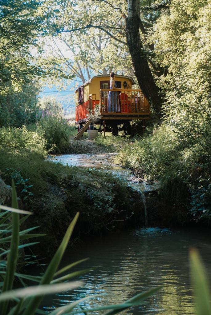 une personne debout sur un train à côté d'une rivière dans l'établissement Roulotte Tzigane au bord du ruisseau - Drôme Provençale (2p), à Marsanne