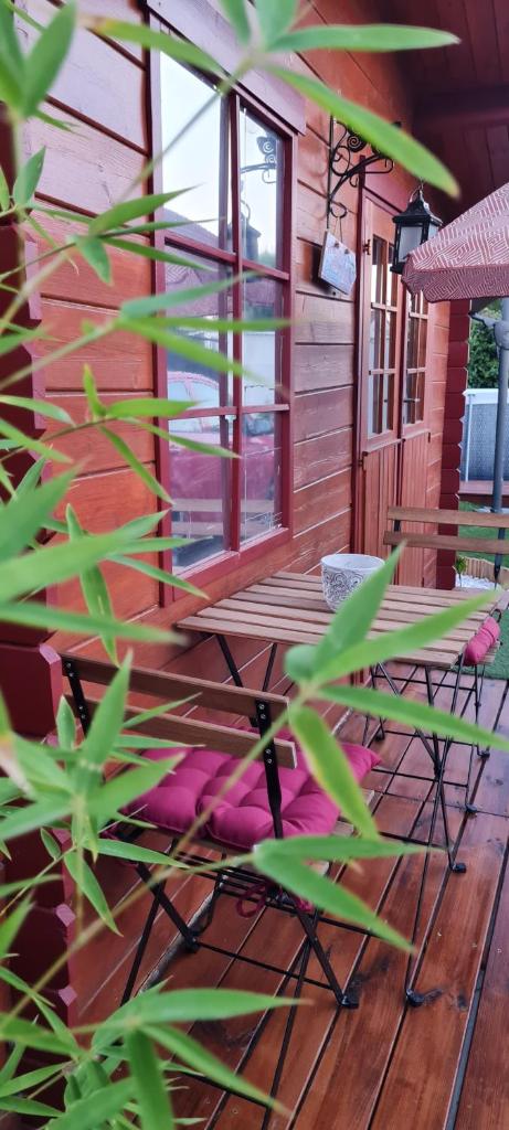 une véranda en bois avec des chaises et une fenêtre dans l'établissement Le Chalet des Dany, à Saint-Mamert-du-Gard
