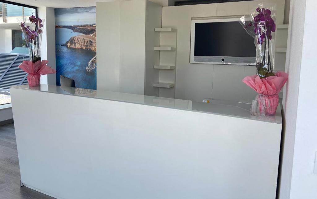 une pièce avec un comptoir avec une télévision et des fleurs dans l'établissement Residence al Palace, à Vasto