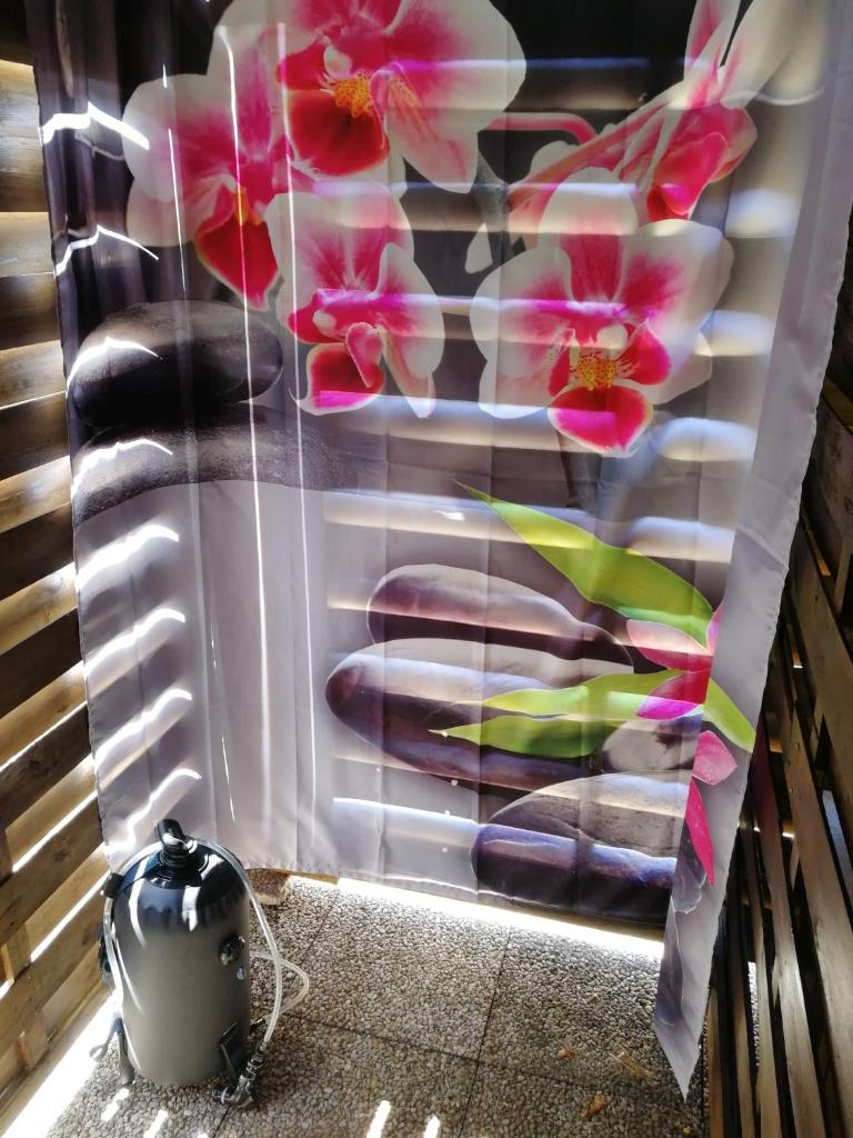 une fenêtre avec un rideau recouvert de fleurs roses dans l'établissement tente insolite 1 à 5 personnes, à Plouray