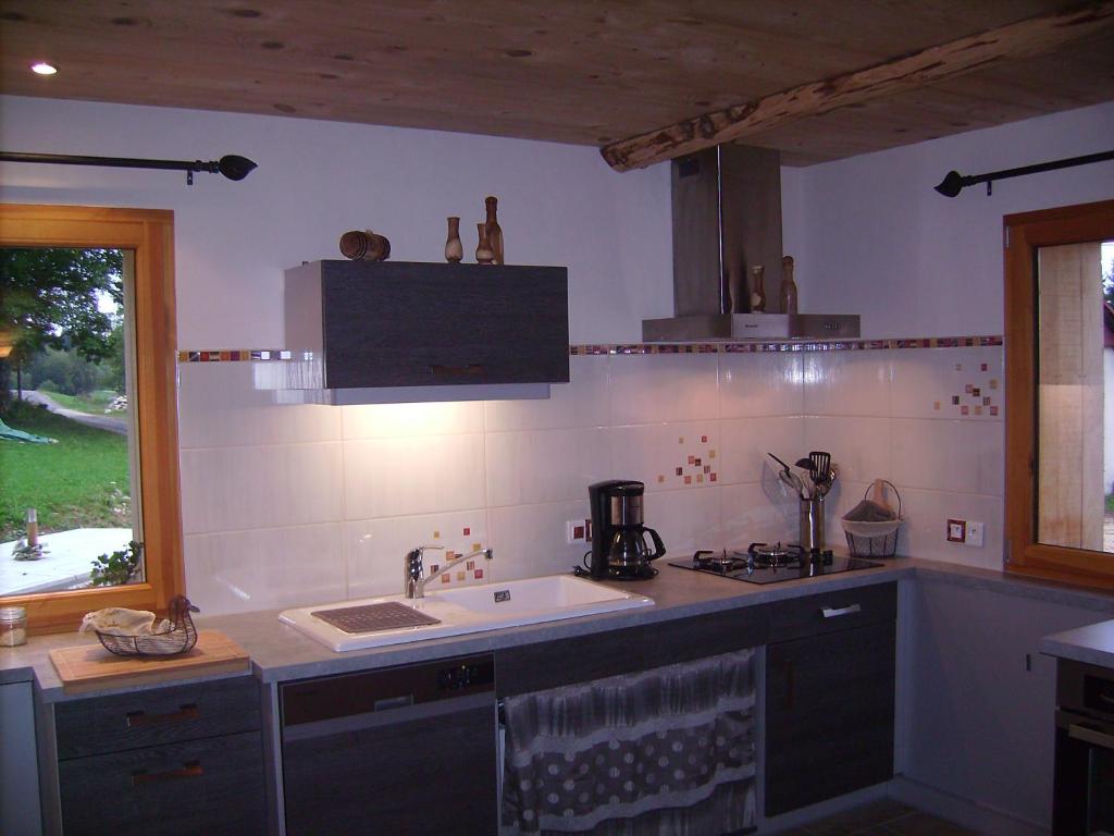 une cuisine avec un évier et une cuisinière dans l'établissement Gite du Brin d'Herbe, à Pontarlier