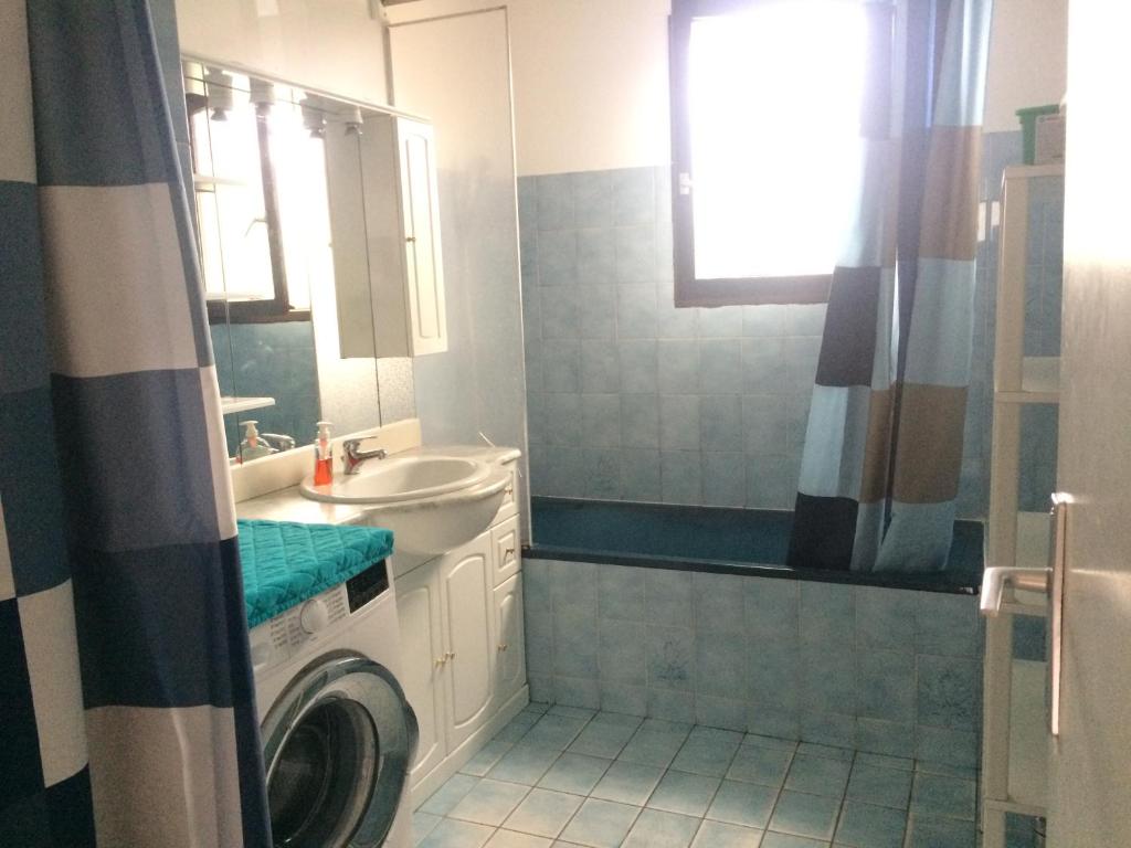une salle de bain avec une machine à laver et un lavabo dans l'établissement GITE DU MEDOC - Day Cruise en bateau privé, pêche en mer, et visite guidée des Chateaux du Médoc, à Lesparre-Médoc