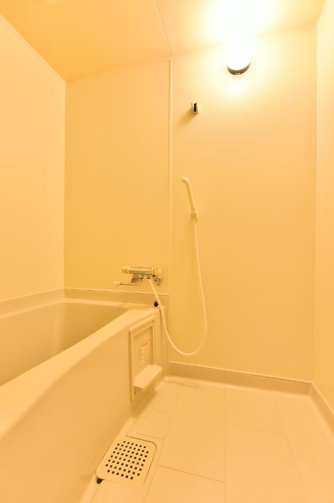 une salle de bain avec une baignoire et une douche avec un drain dans l'établissement Alpine Route Hotel, à Omachi